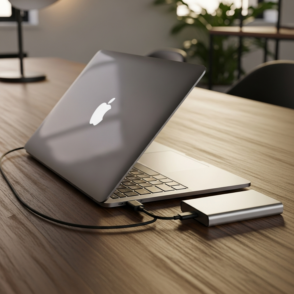 A close-up of a sleek silver MacBook connected to a portable external hard drive on a wooden desk, soft natural lighting, modern workspace setting, no text
