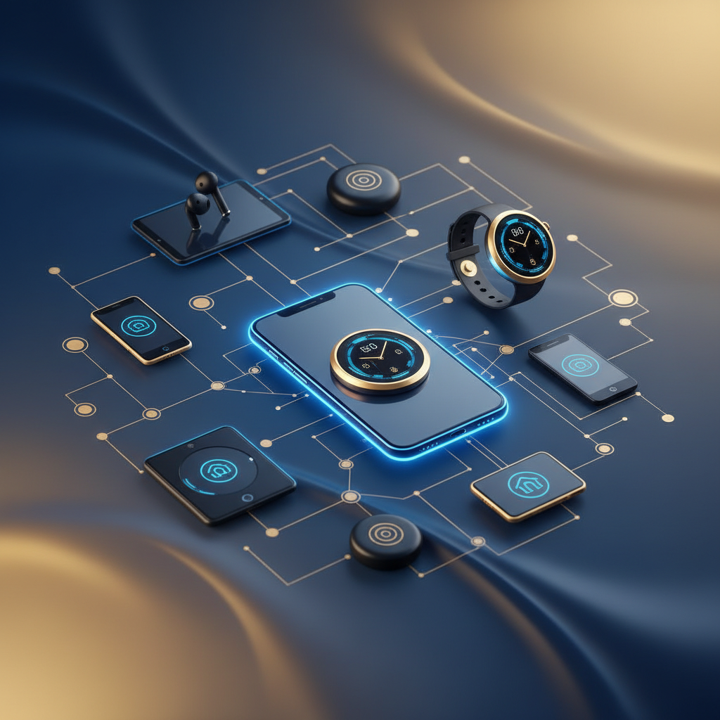 Modern digital ecosystem concept showing interconnected devices like phones and watches, blue and gold gradient background, sleek minimalist layout, no text