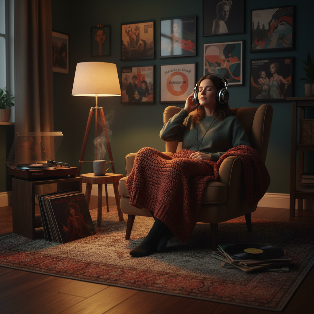 A cozy living room at night, a person wearing high-quality headphones listening to music intensely, warm ambient lighting from a lamp, lifestyle photography, rich colors, no text