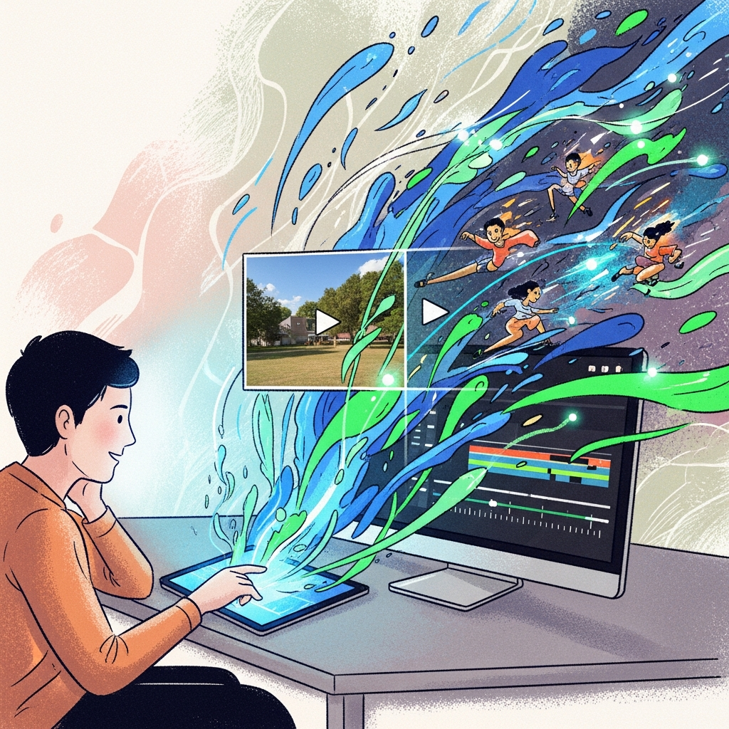 A dynamic illustration depicting an image transforming into a video. Show a person interacting with a tablet or computer, with visual effects emanating from the screen to symbolize animation. Style: illustration, artistic rendering, textured background. No text.