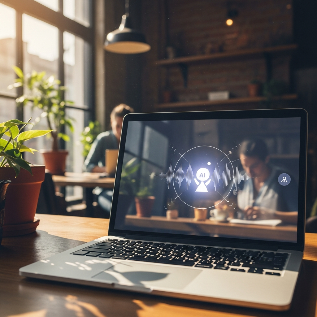 A laptop screen displaying a minimalist AI assistant interface, with a background showing a person working offline in a cozy cafe, warm lighting, natural setting, lifestyle photography, no visible text.