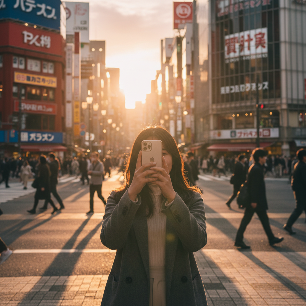 A person holding an iPhone in a bustling Tokyo street at sunset, warm lighting, natural lifestyle photography, Korean appearance, no text