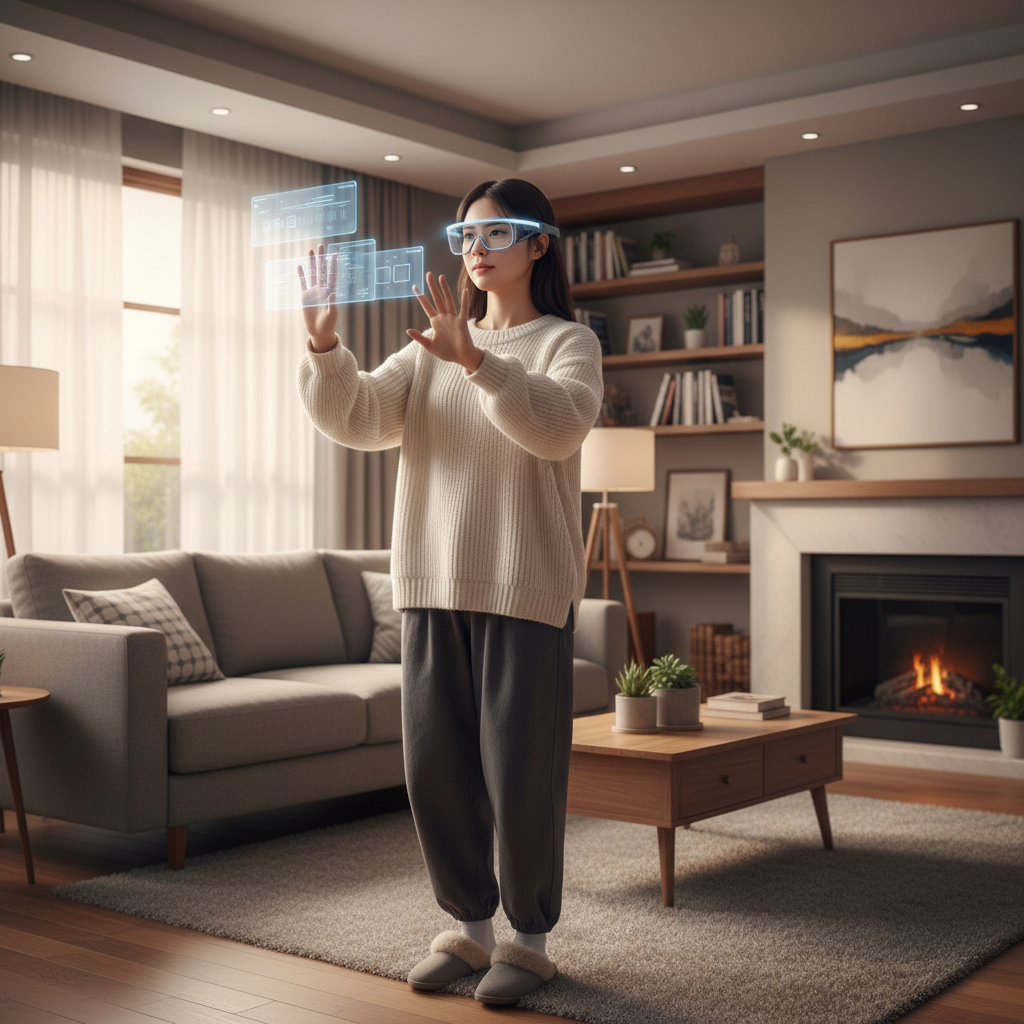 A Korean woman in a modern living room interacting with invisible digital screens while wearing slim AR glasses, natural home environment, cozy lighting, realistic composition, no text
