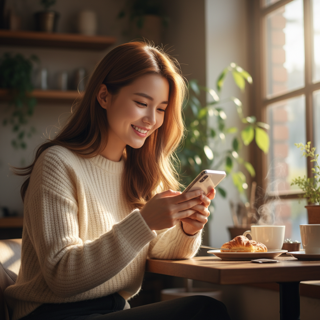 A young Korean woman looking at her smartphone with a satisfied expression, cozy cafe setting, warm morning sunlight through window, blurred background with plants, high-quality lifestyle photography, no text