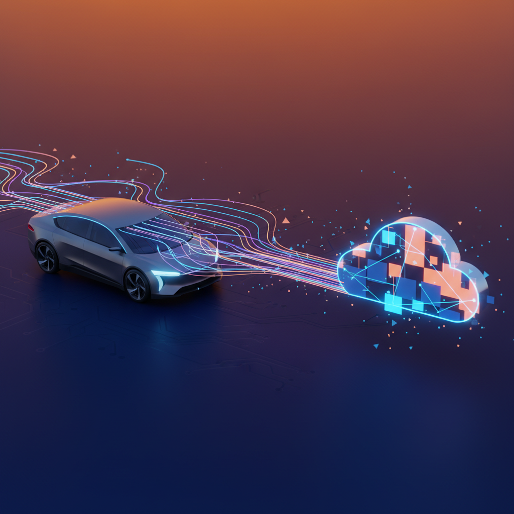 A digital visualization of data streams flowing from a modern car to a cloud server, futuristic glowing lines, sleek automotive tech aesthetic, deep blue and orange gradient background, no text