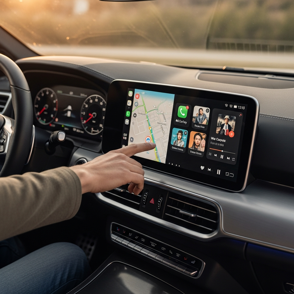 A driver interacting with a car's infotainment system, which displays multiple CarPlay widgets on a large screen, showing navigation and music. The interior of the car is modern and sleek, with soft, balanced lighting. No visible text in the image. Styled as lifestyle photography with a warm, inviting atmosphere.