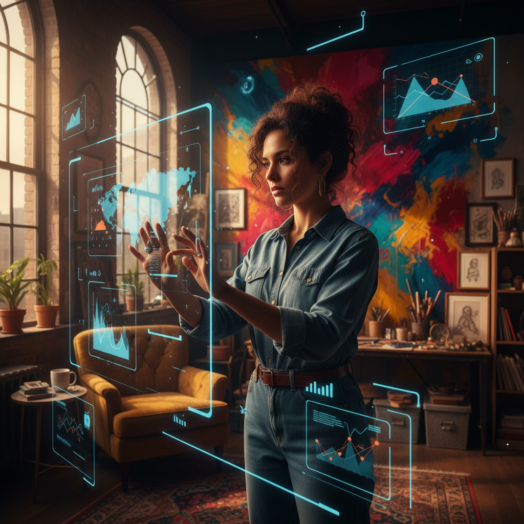 A creative professional working in a vibrant studio, digital interface elements subtly floating, high contrast, warm lighting, rich colored background, no text, 4:3