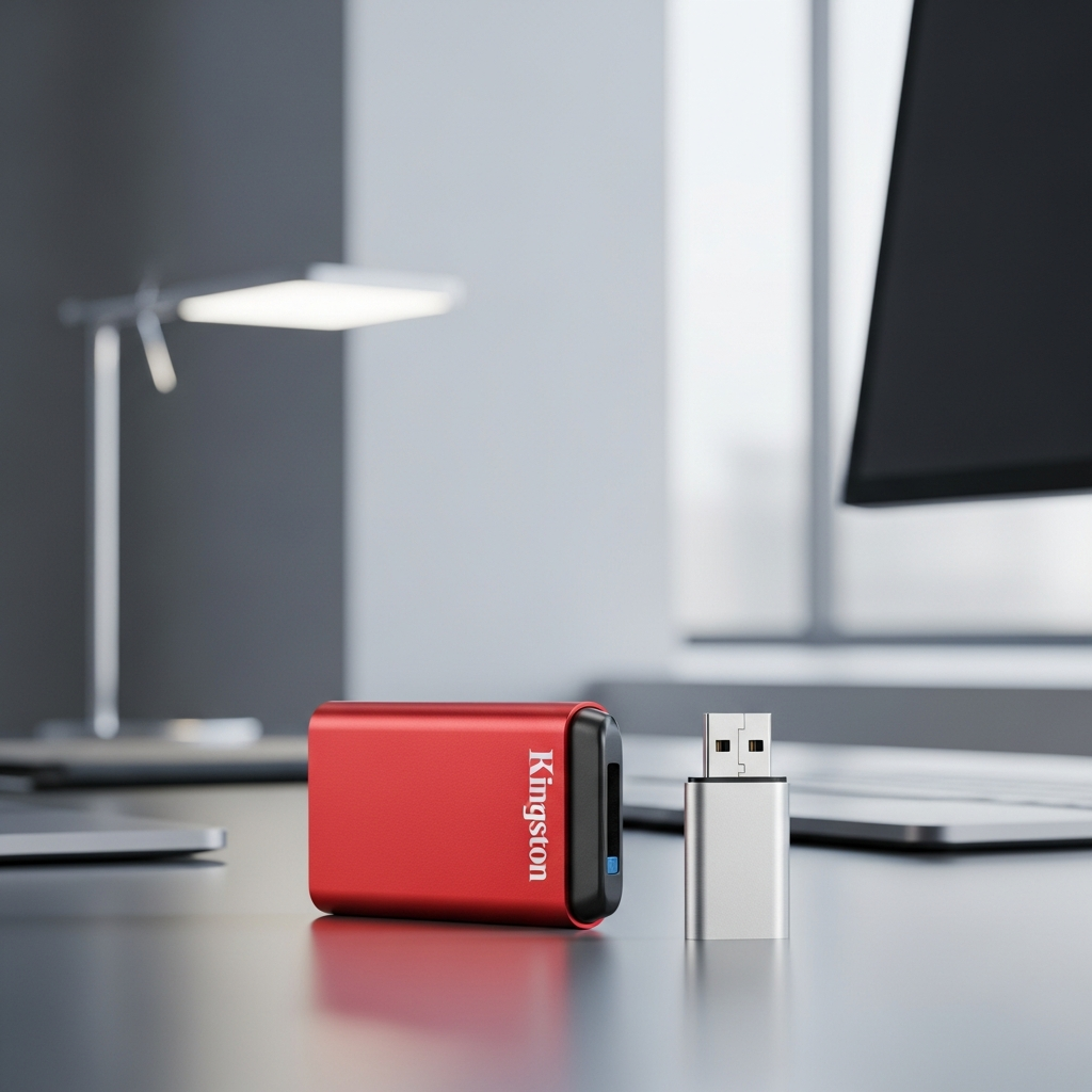 A sleek, compact Kingston Dual Portable SSD in bright red metal casing, showcasing its small rectangular design next to a standard USB thumb drive for size comparison. The background should be a modern workspace with soft, diffused lighting. Style: clean infographic, modern layout, high contrast. No text.