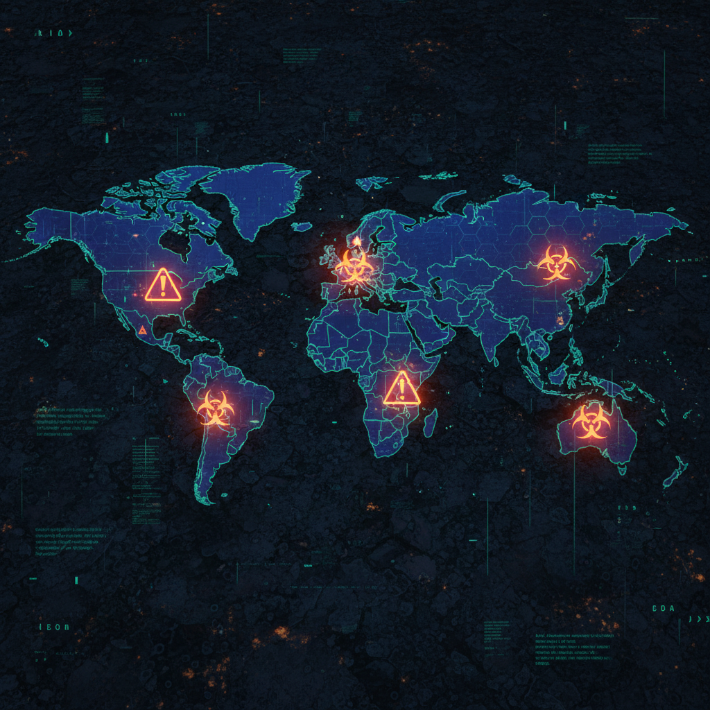 A stylized digital world map with orange and red caution icons over various countries, tech-focused aesthetic, dark textured background, professional data visualization style without text