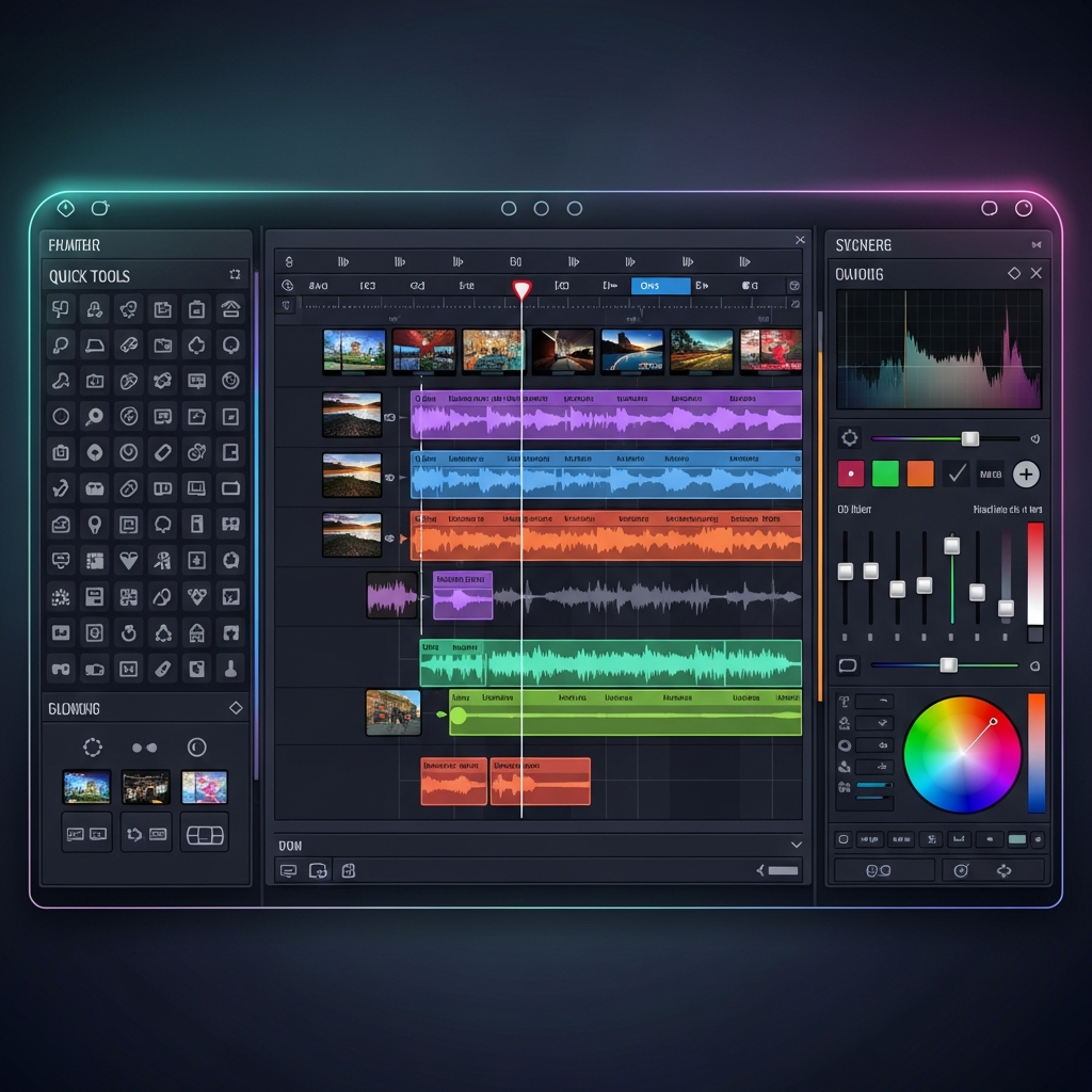 A sophisticated infographic representing an advanced video editing software interface. Show detailed timelines with audio and video tracks, a quick tools palette, and color correction controls. Emphasize precision and control with a modern, high-contrast design on a gradient background. No text.