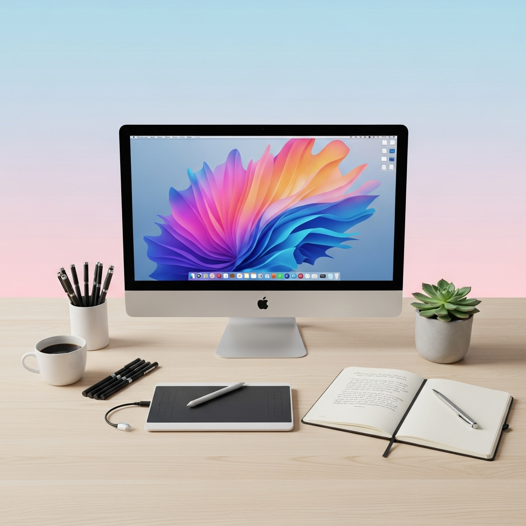 A high-angle view of a clean, minimalist workstation featuring the Apple Studio Display 2. Creative tools and a notebook are neatly arranged around it. The background is a soft, gradient wall, suggesting focus and productivity. No text.