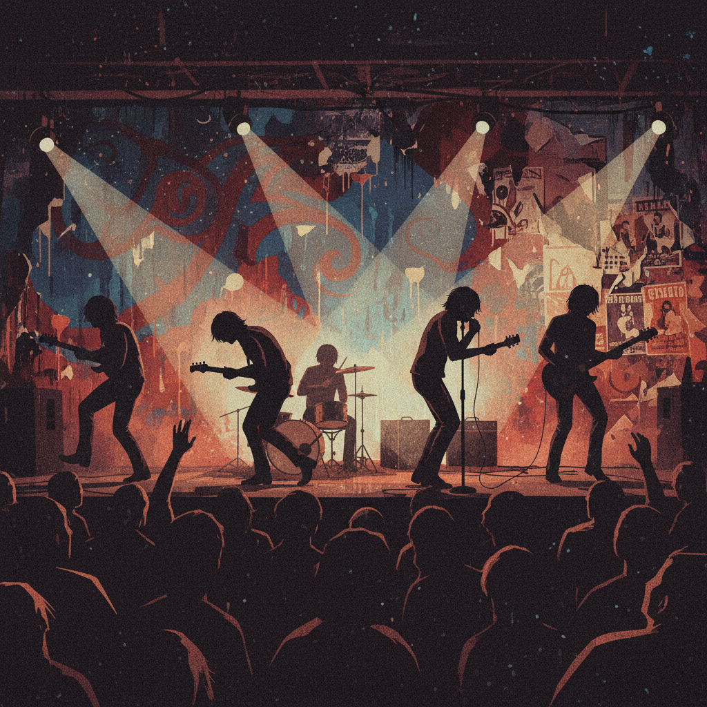 A nostalgic 1960s underground rock concert scene with grainy film texture, artistic lighting, silhouettes of band members on stage, textured background, artistic rendering, no text