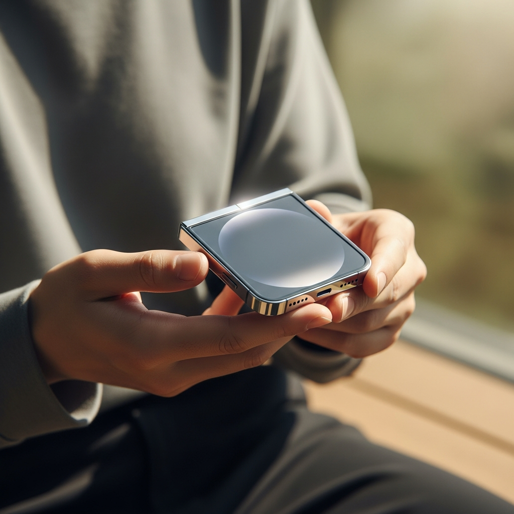 A person holding a sleek, modern folding iPhone concept in a natural, bright setting. The phone is in its folded state, with a subtle glow from the screen. Warm lighting, a soft, textured background, Korean appearance, no visible text.