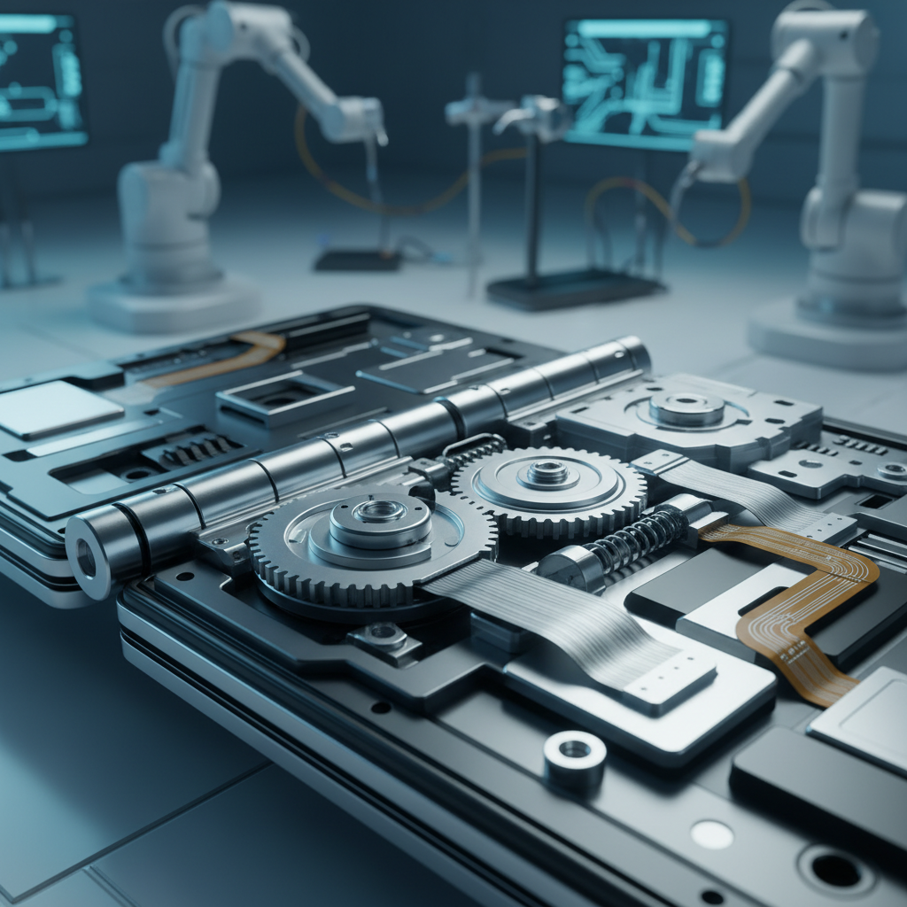 Close-up of a high-tech smartphone hinge mechanism being assembled, clean laboratory environment, soft blue and metallic lighting, professional macro photography, no text