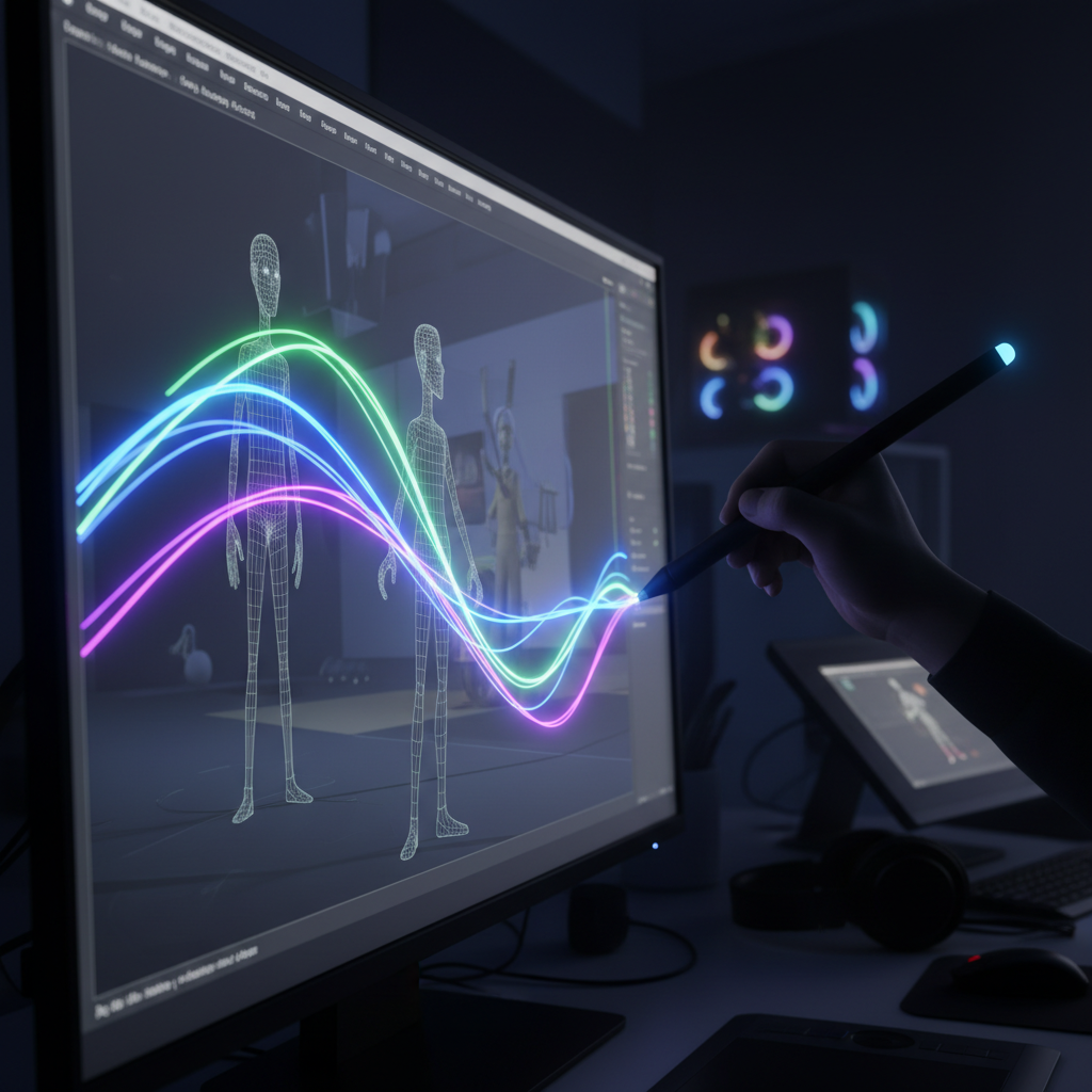 A digital pen drawing a smooth motion path on a video screen, glowing neon lines, creative animation workflow, dark studio background, high contrast, no text