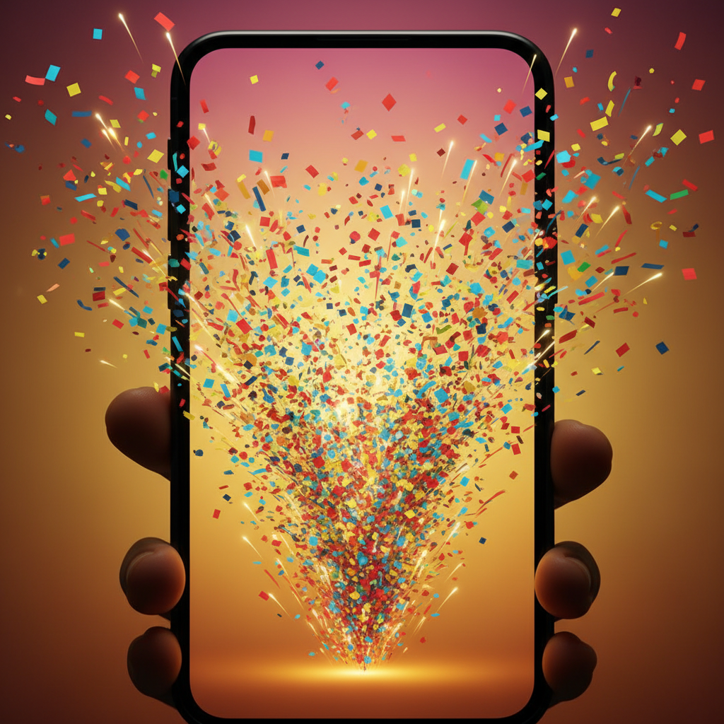 Digital screen showing colorful confetti explosion, celebrating a correct answer on a mobile app, high contrast, warm and happy atmosphere, no text