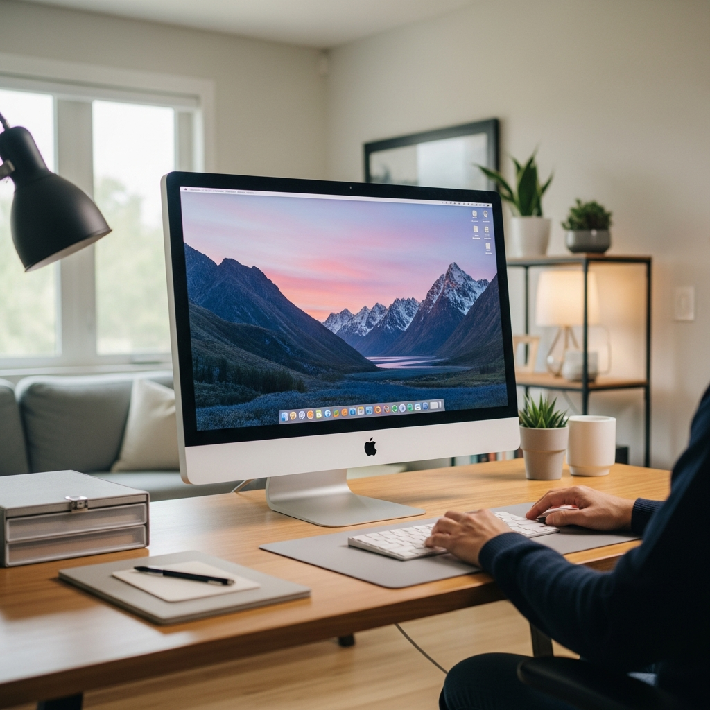A wide shot of a neatly organized home office desk with the Apple Studio Display as the centerpiece, radiating a sense of productivity and calm. A person's hands are lightly on the keyboard, indicating active work. Style: lifestyle photography, bright, balanced lighting, clean aesthetic. Background: a modern home office space with minimal clutter. No text.