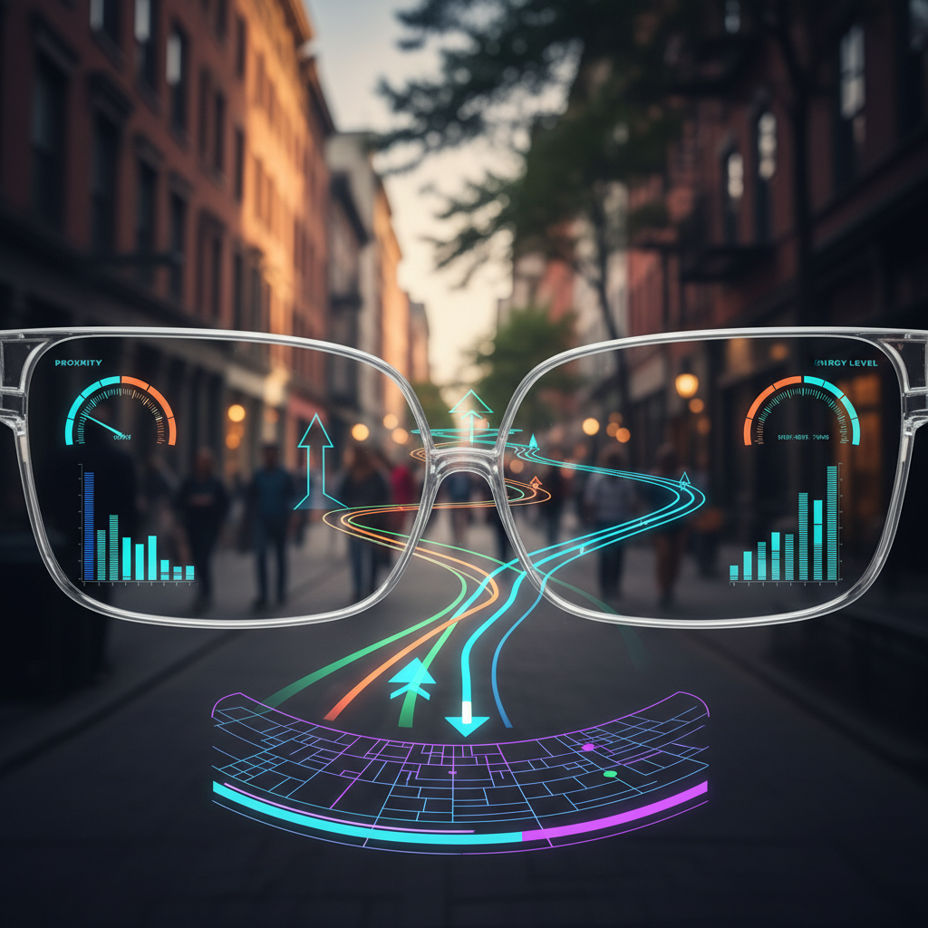 Advanced optic lenses of smart glasses showing AR navigation on a city sidewalk, first-person view, vibrant digital overlays on a real-world street, modern technology layout, rich colors, no text