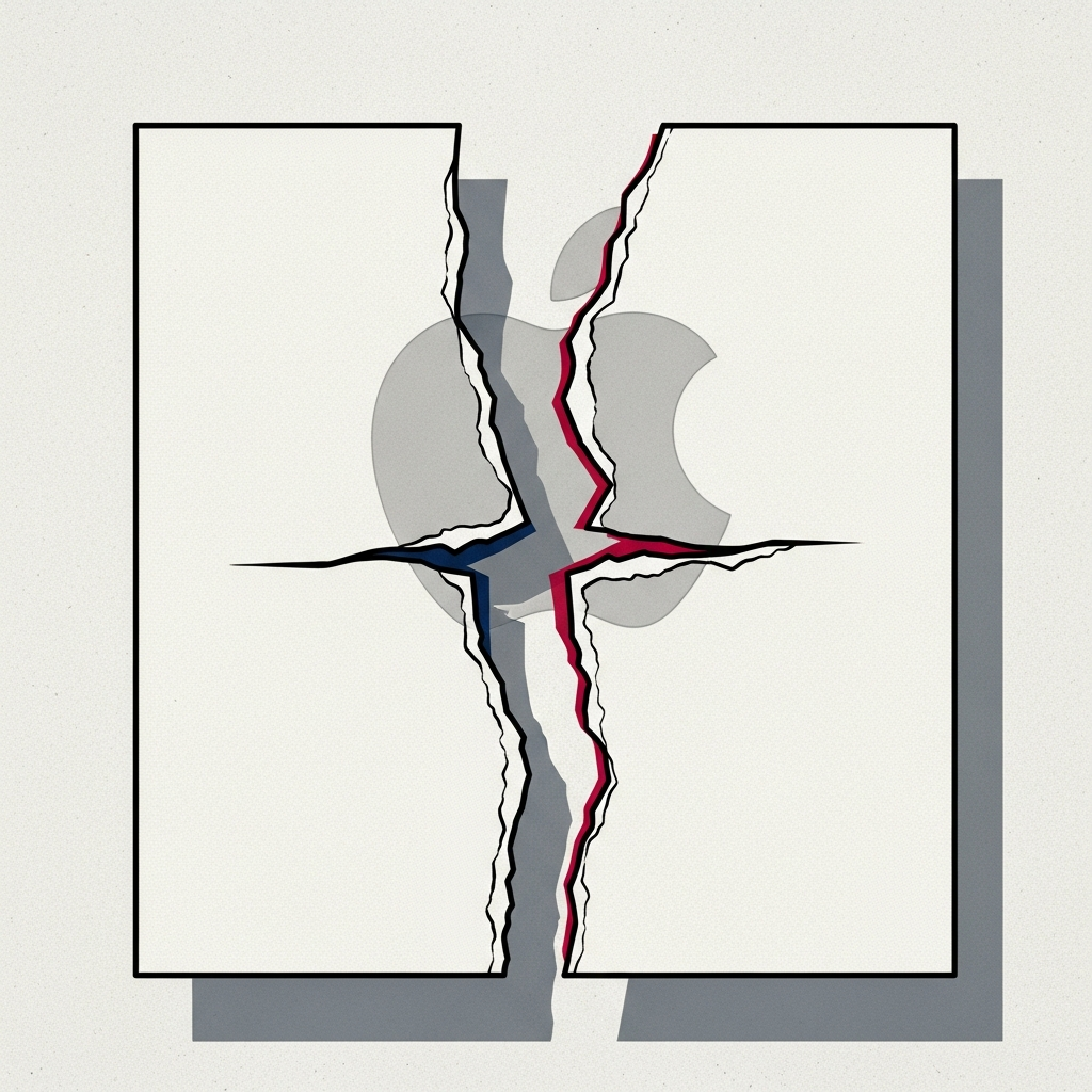 A torn document symbolizing a broken promise, with a slightly faded Apple logo in the background, clean infographic style, high contrast, textured background, no text.