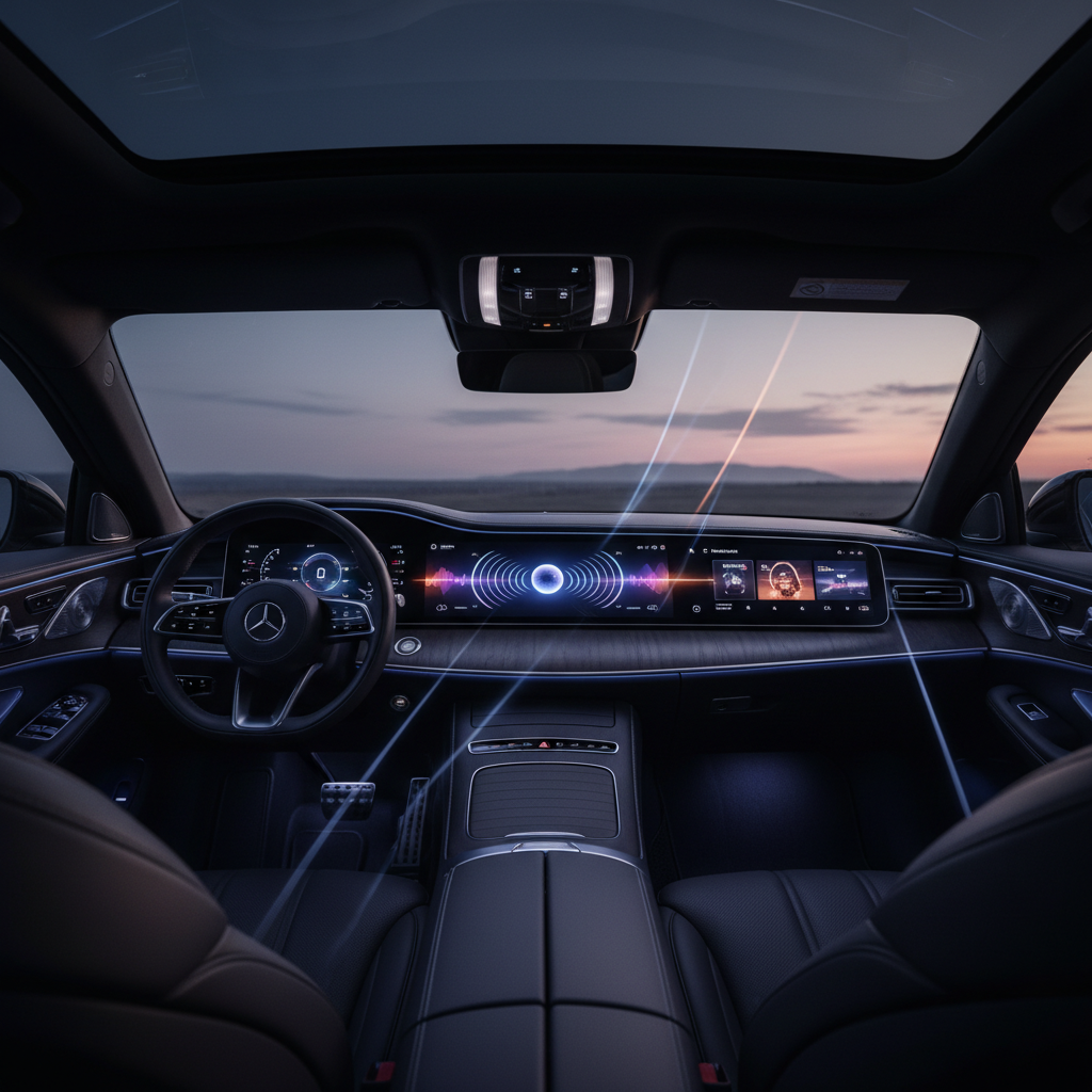 Modern luxury car interior with a large dashboard display showing a music app interface, glowing spatial audio icon, high contrast, cinematic lighting, no text