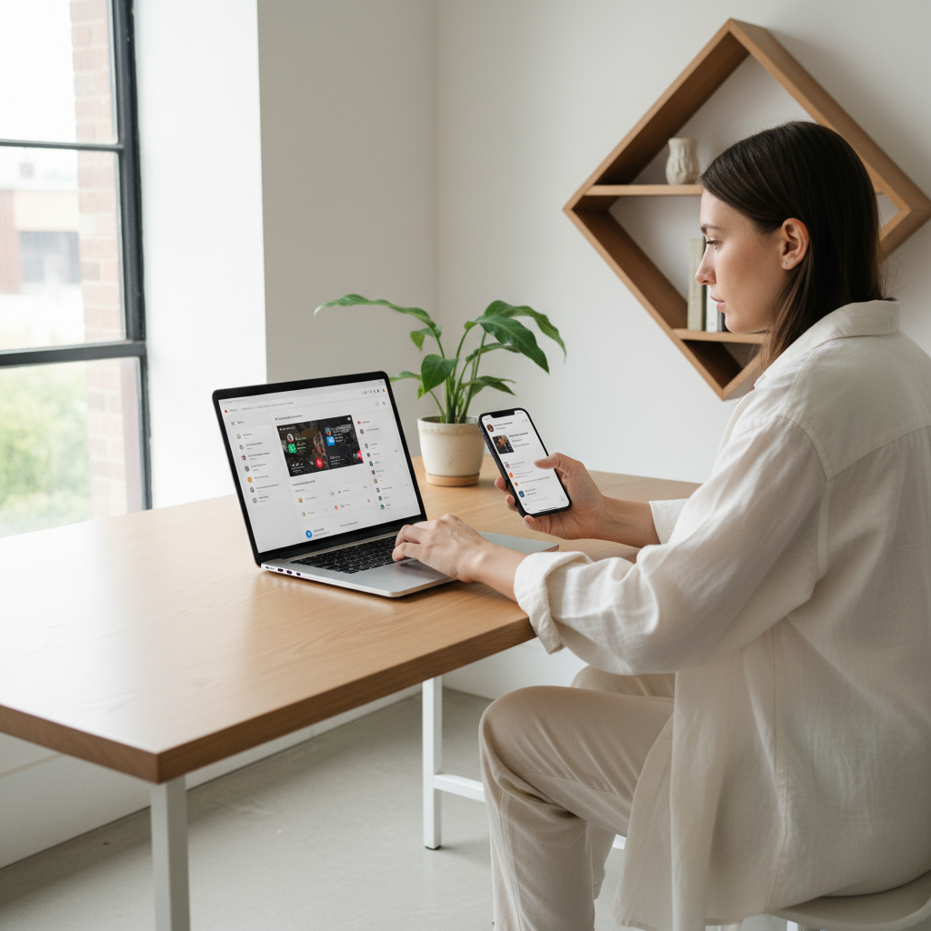 A person using a laptop and phone together to manage a social channel, clean workspace, minimalist interior, natural daylight, no text