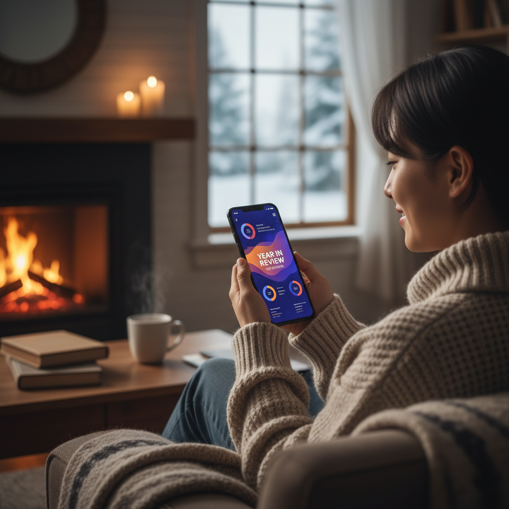 A Korean person looking at a smartphone screen displaying colorful data visualizations and a Year in Review interface, cozy winter indoor setting, warm lighting, lifestyle photography, no text