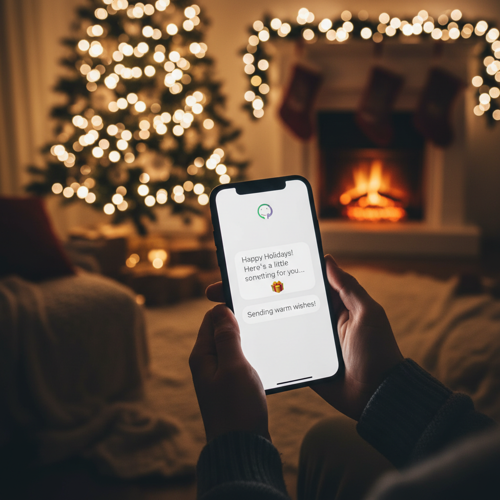 A person holding a smartphone showing a ChatGPT screen with a gift box emoji, cozy indoor Christmas setting with a decorated tree and warm fairy lights, lifestyle photography, high contrast, no text