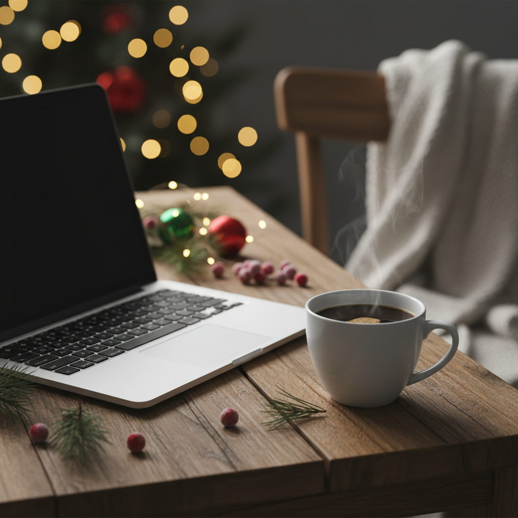 A laptop and a cup of coffee on a wooden table with Christmas decorations in the background, soft bokeh, high contrast, lifestyle setting, no text