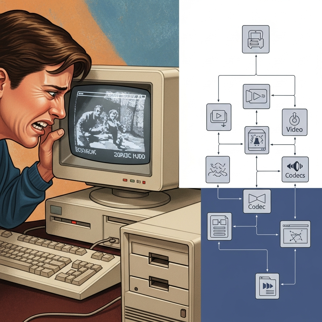 An illustration depicting a user in the late 1980s or early 1990s struggling to play rudimentary video on an old computer, contrasted with a streamlined visual of QuickTime's framework. Illustration, artistic rendering, textured background. No text. Colored background, minimal empty space.