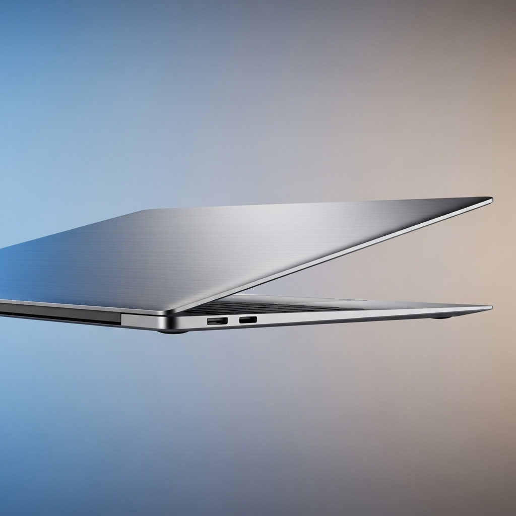 An extremely thin high-end laptop seen from a side angle, metallic finish, premium texture, gradient background, professional lighting, no text