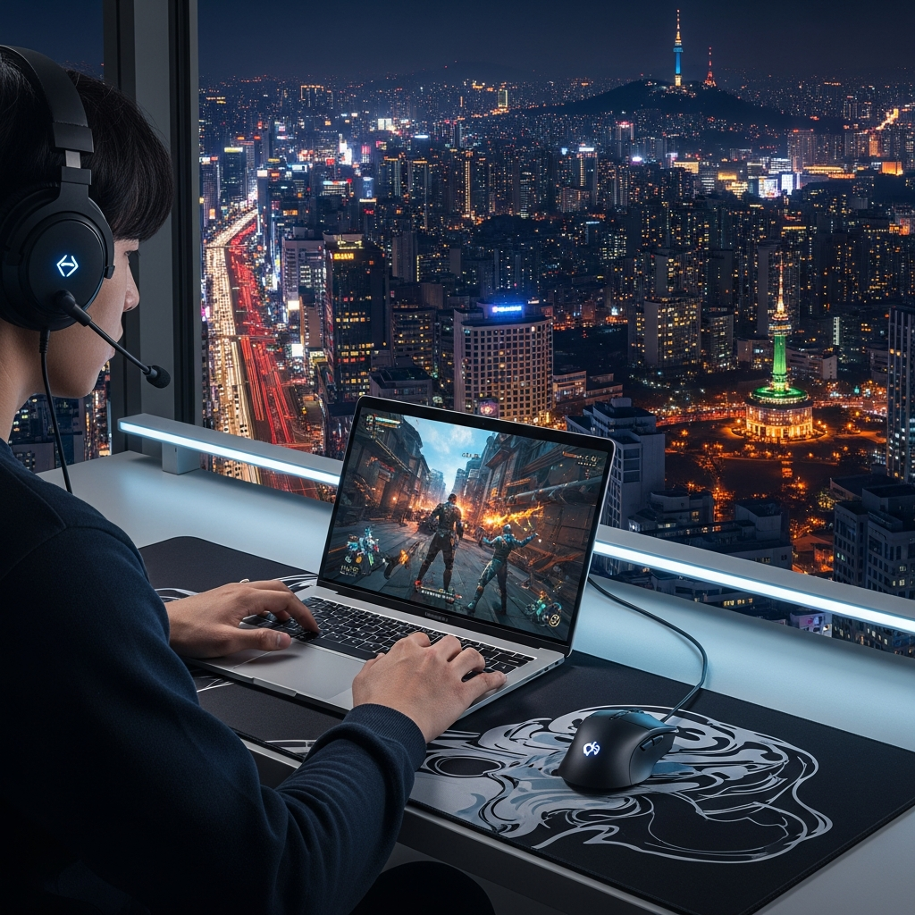 A Korean gamer intensely playing a high-graphic video game on a sleek MacBook, modern gaming setup, focused expression, vibrant city night view background, no visible text