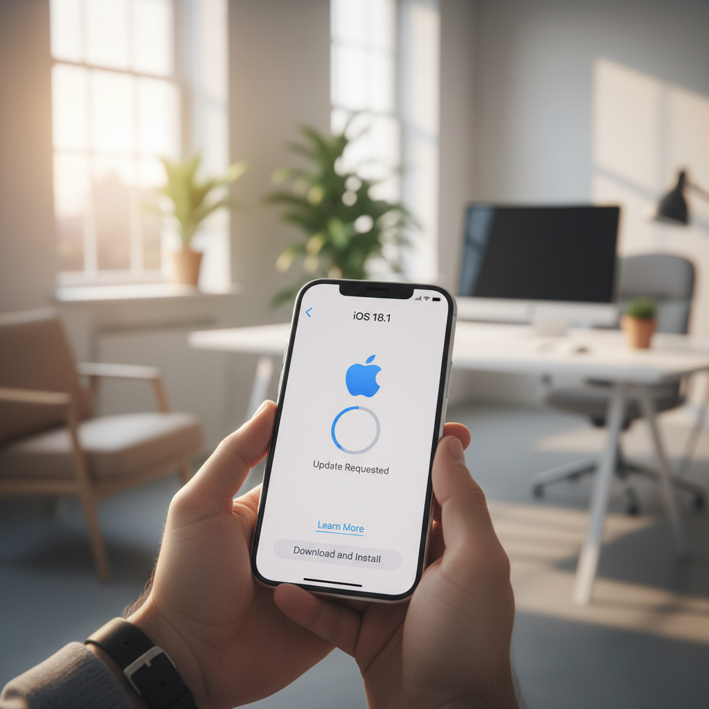 A person holding an iPhone displaying a modern iOS interface with a software update screen, bright and clean office background, lifestyle photography, warm lighting, no text