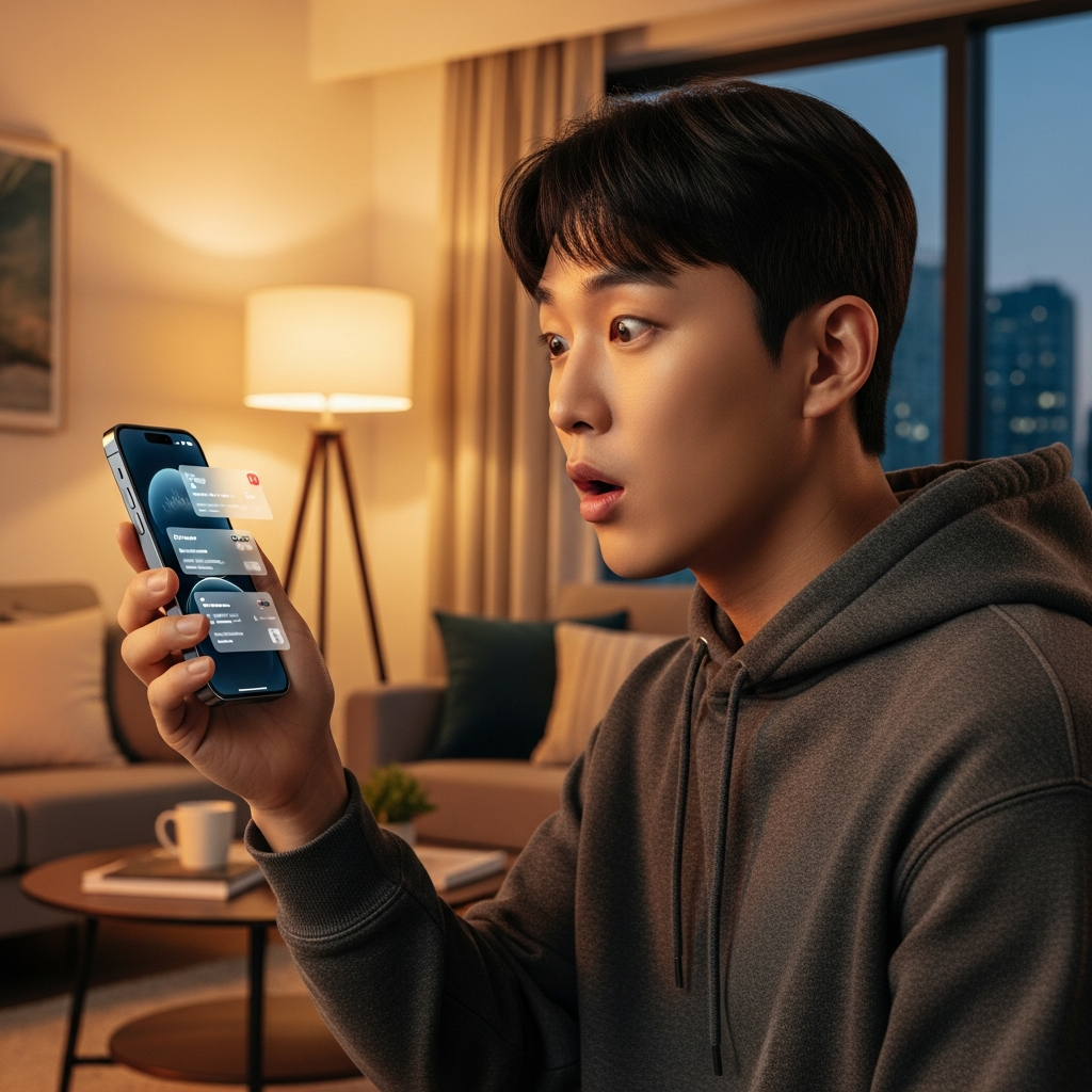A young Korean man looking at his iPhone with a surprised expression, modern lifestyle scene, 2025 Apple software UI elements suggested in the environment, warm lighting, cozy apartment background, no text