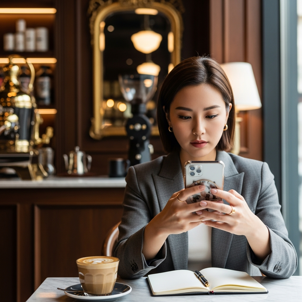 A young Korean professional using a high-end smartphone in a sophisticated urban cafe, lifestyle photography, natural morning light, rich background textures, no text