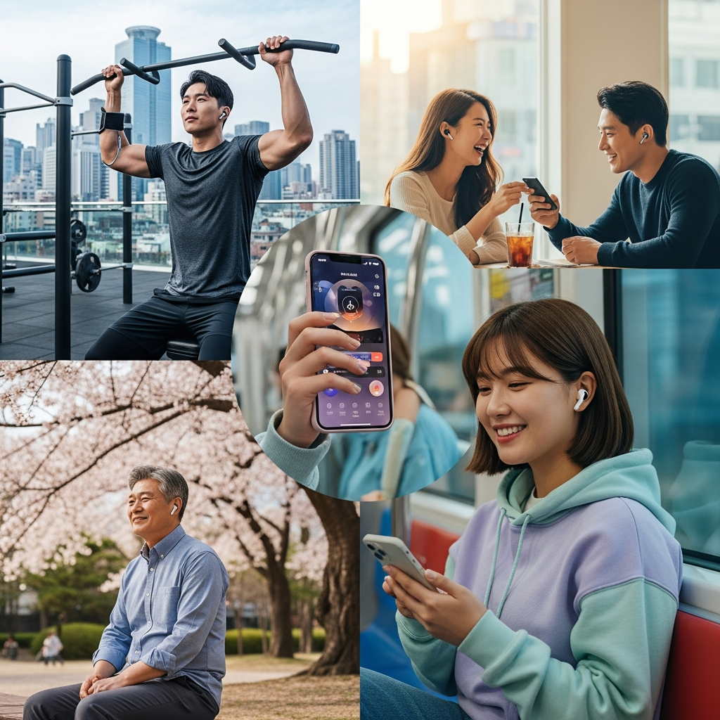 A diverse group of Korean people in various settings (commuting, working out, relaxing) happily using wireless earbuds with their iPhones. The background is a vibrant city gradient, illustrating convenience and versatility. Natural lighting, no text.