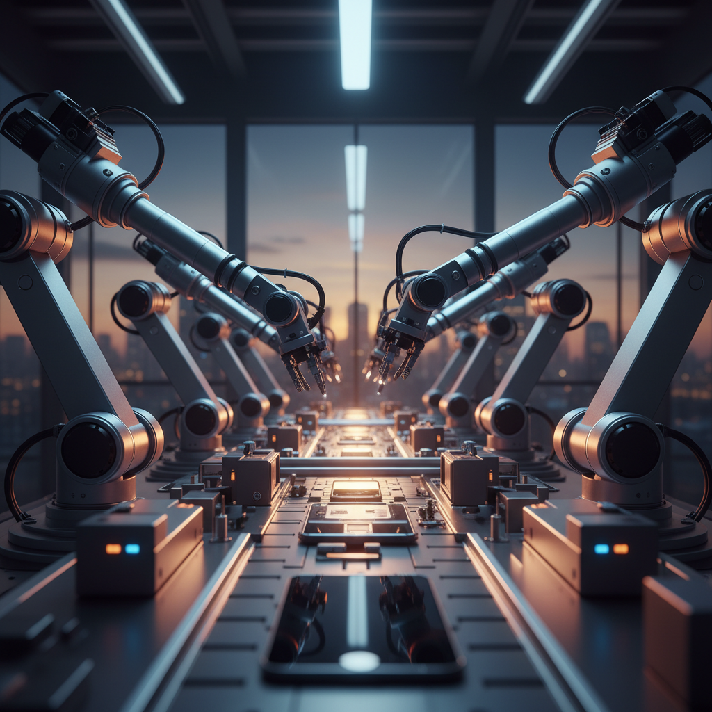 A high-tech automated smartphone assembly line in a modern factory, focus on precision robotic arms, warm ambient lighting, blue and orange color palette, professional photography style, no text