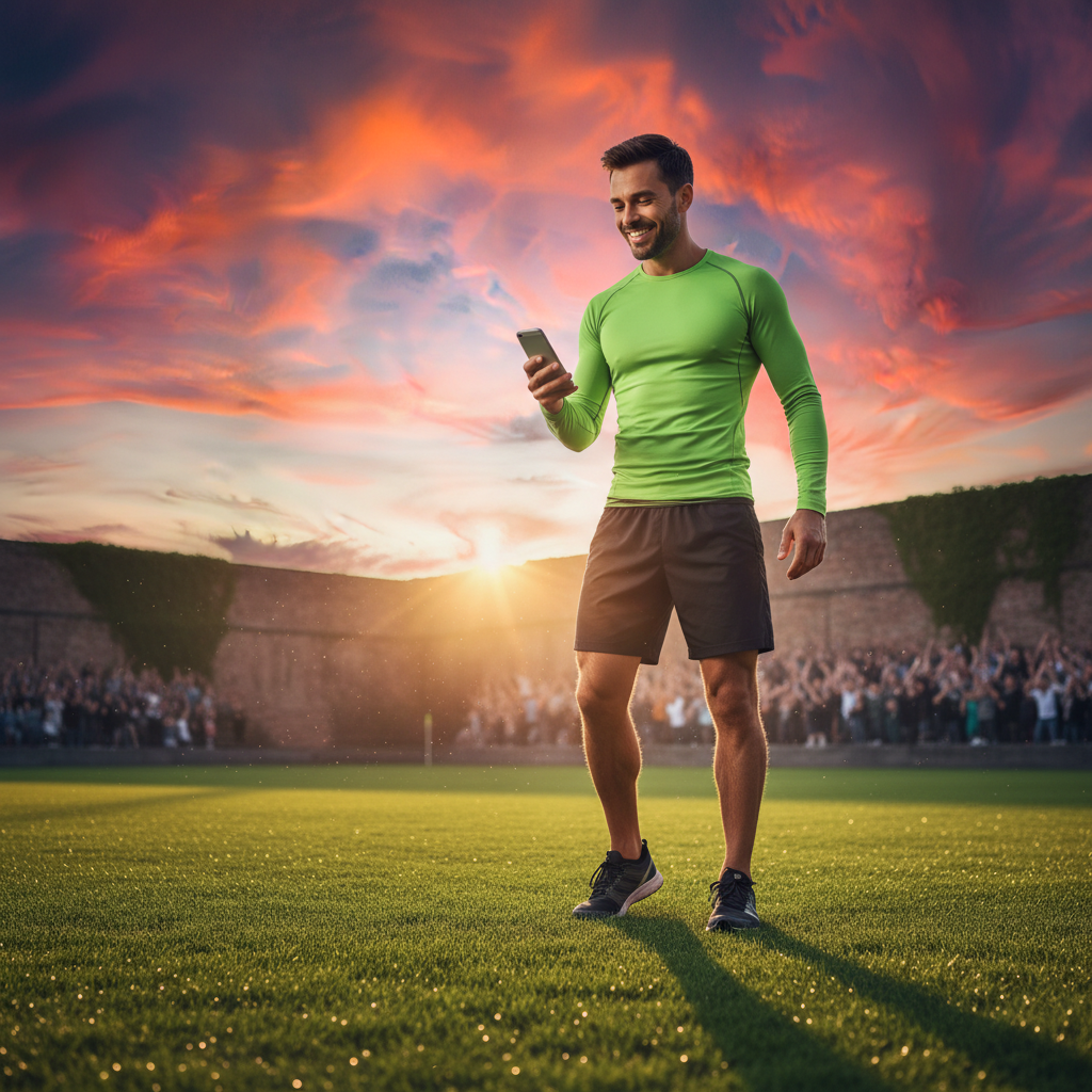 A person in sportswear standing near a green soccer field at sunset, holding an iPhone, energetic atmosphere, rich textured background, no text