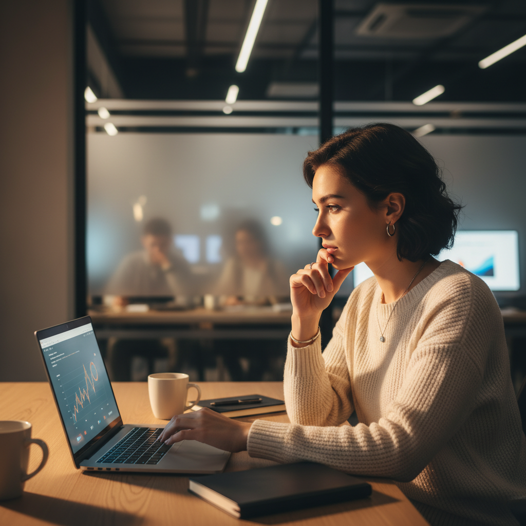 A young professional student looking thoughtfully at a laptop screen in a modern workspace, blurred background of a tech office, lifestyle photography, warm lighting, natural expression, no text, 4:3