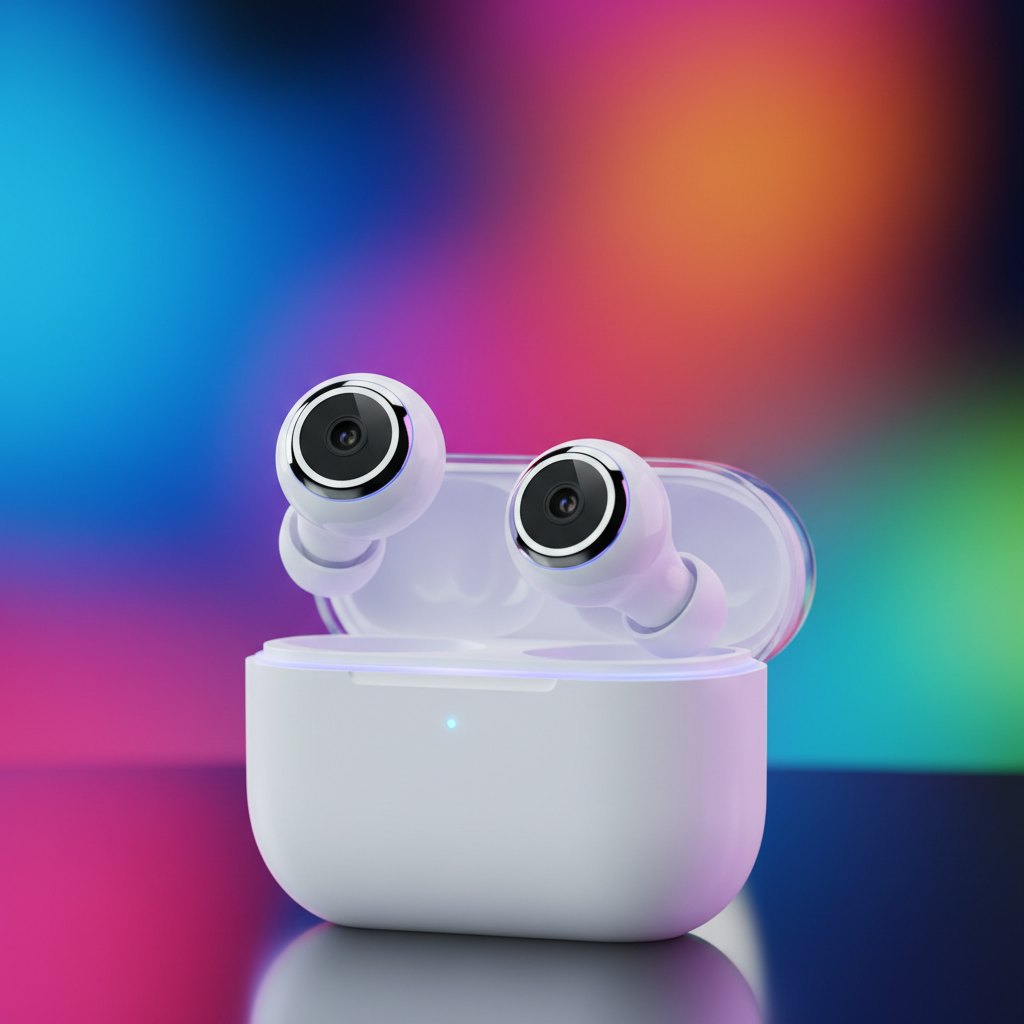 Sleek white wireless earbuds with tiny integrated camera lenses, glowing accents, modern tech aesthetic, colorful gradient background, professional product photography, no text