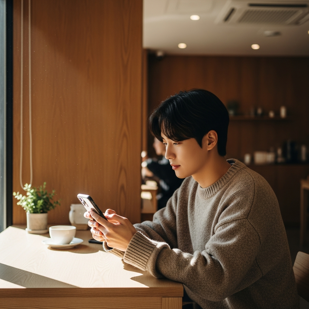 A young Korean person using a slim smartphone in a trendy minimalist cafe, natural sunlight, warm wood textures, lifestyle photography, high quality, no text