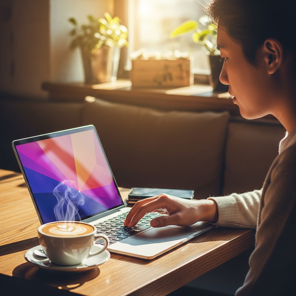 A person using a slim colorful laptop in a sunny cafe, coffee on the table, natural lighting, warm and cozy atmosphere, Korean appearance, lifestyle photography, no text