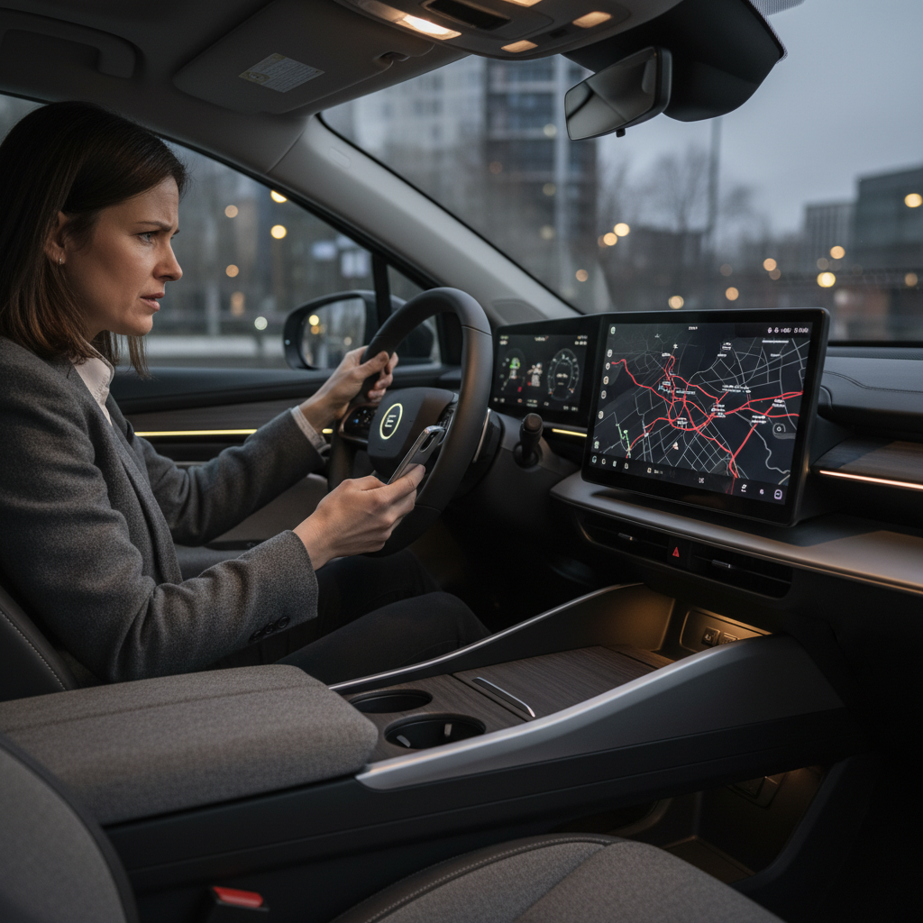 A modern electric vehicle interior with a large dark touchscreen displaying a generic map, a frustrated driver holding an iPhone in a stylish car setting, warm interior lighting, cinematic composition, no text