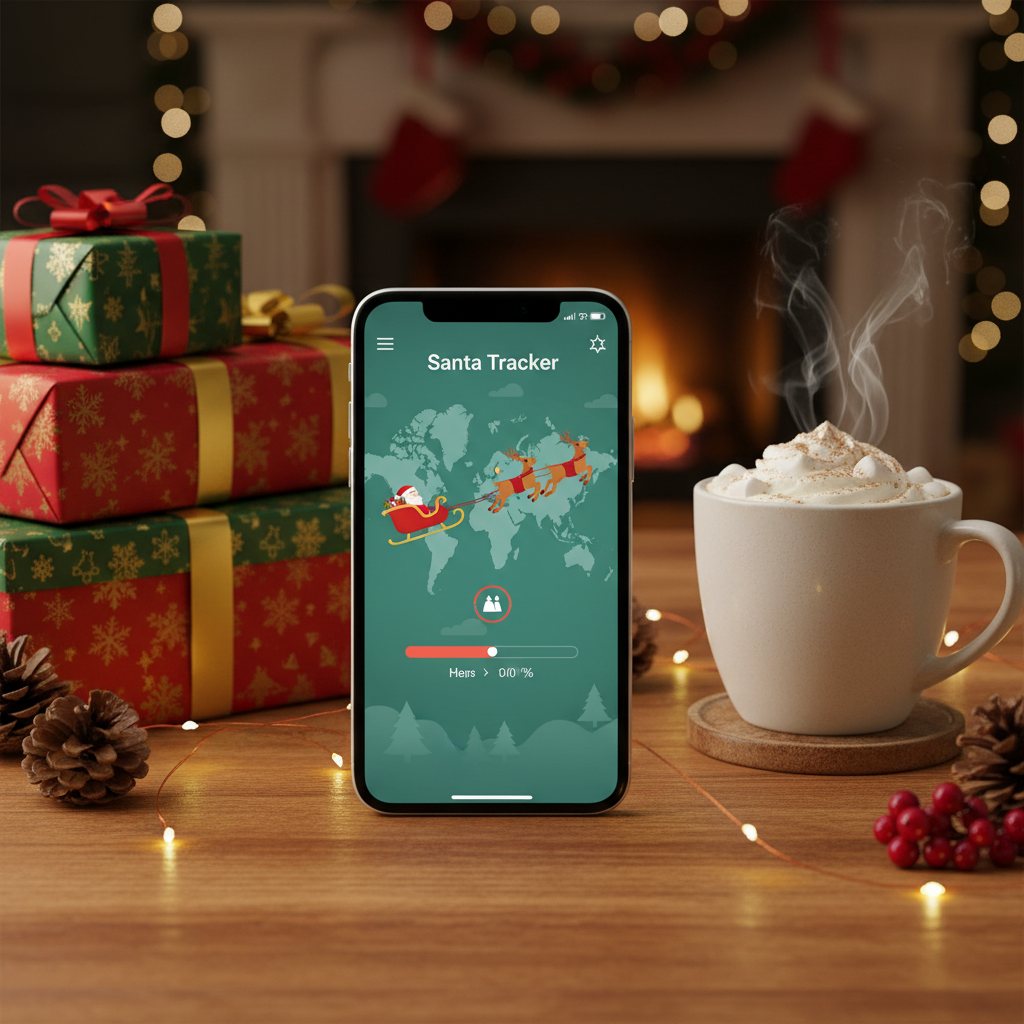 Lifestyle photography of a smartphone showing a Santa tracker next to gift boxes and hot cocoa, warm wooden table, festive atmosphere, no text, aspect ratio 1:1