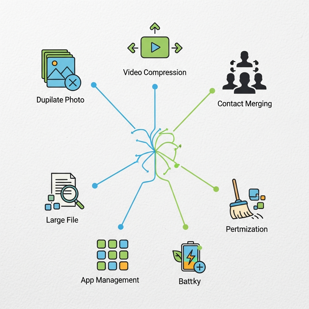 A clean infographic showing various icons representing phone cleaning features like duplicate photo removal, video compression, and contact merging. Modern layout, bright lighting, textured background, no visible text.