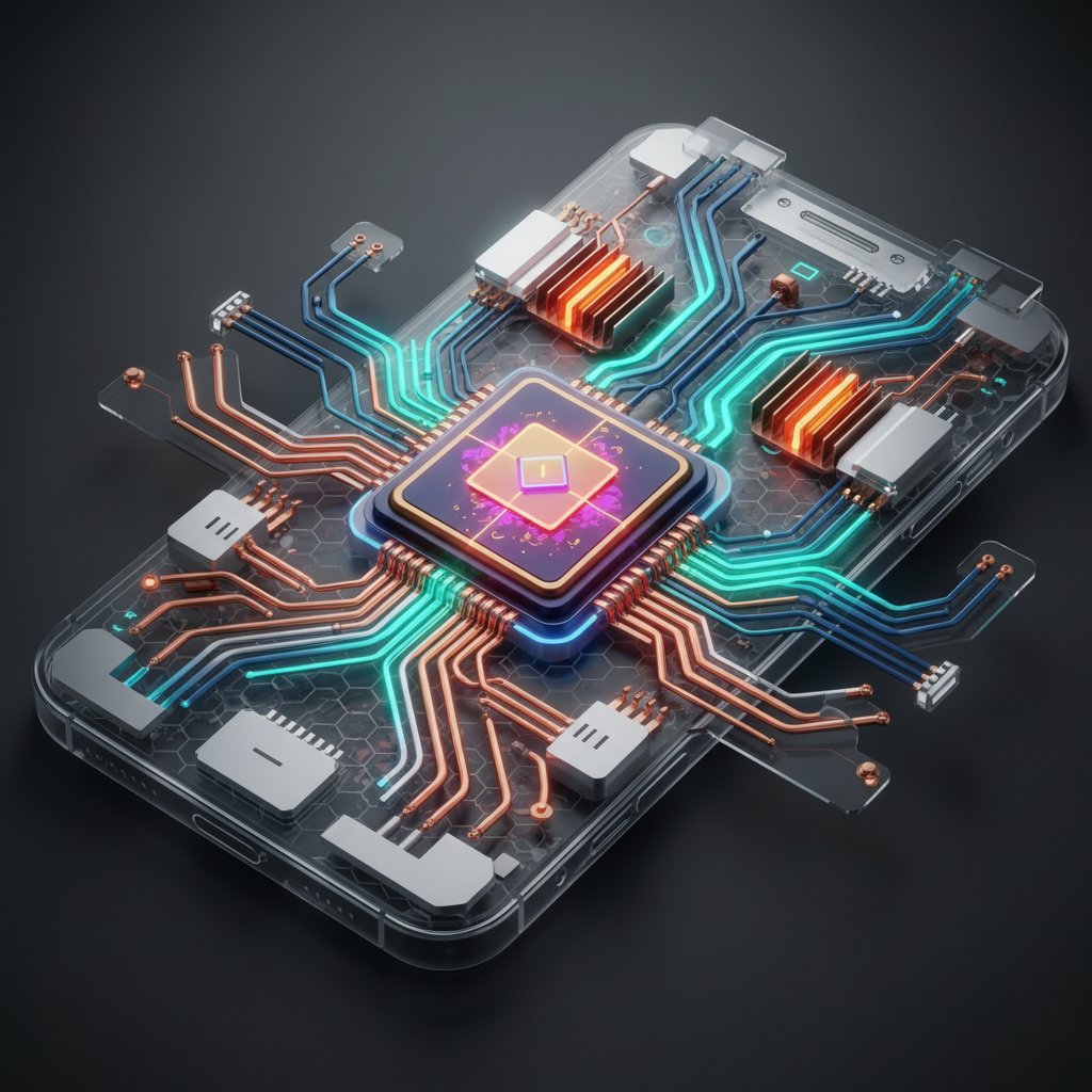 Abstract visualization of smartphone interior cooling system and battery, modern technology aesthetic, vibrant colors, soft lighting, no text, 4:3