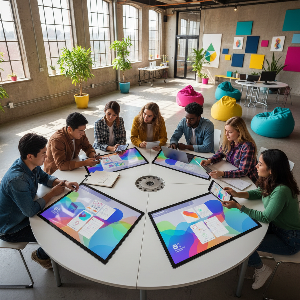A group of diverse young adults collaborating on a mobile app design project, showing screens with app prototypes, modern creative studio background, vibrant colors, no text, 4:3