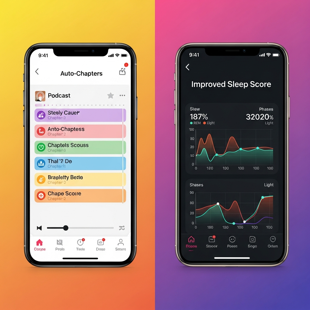 A split image showing an iPhone screen with podcast auto-chapters and another screen with improved sleep score data, clean infographic, modern layout, high contrast, colored background, no text