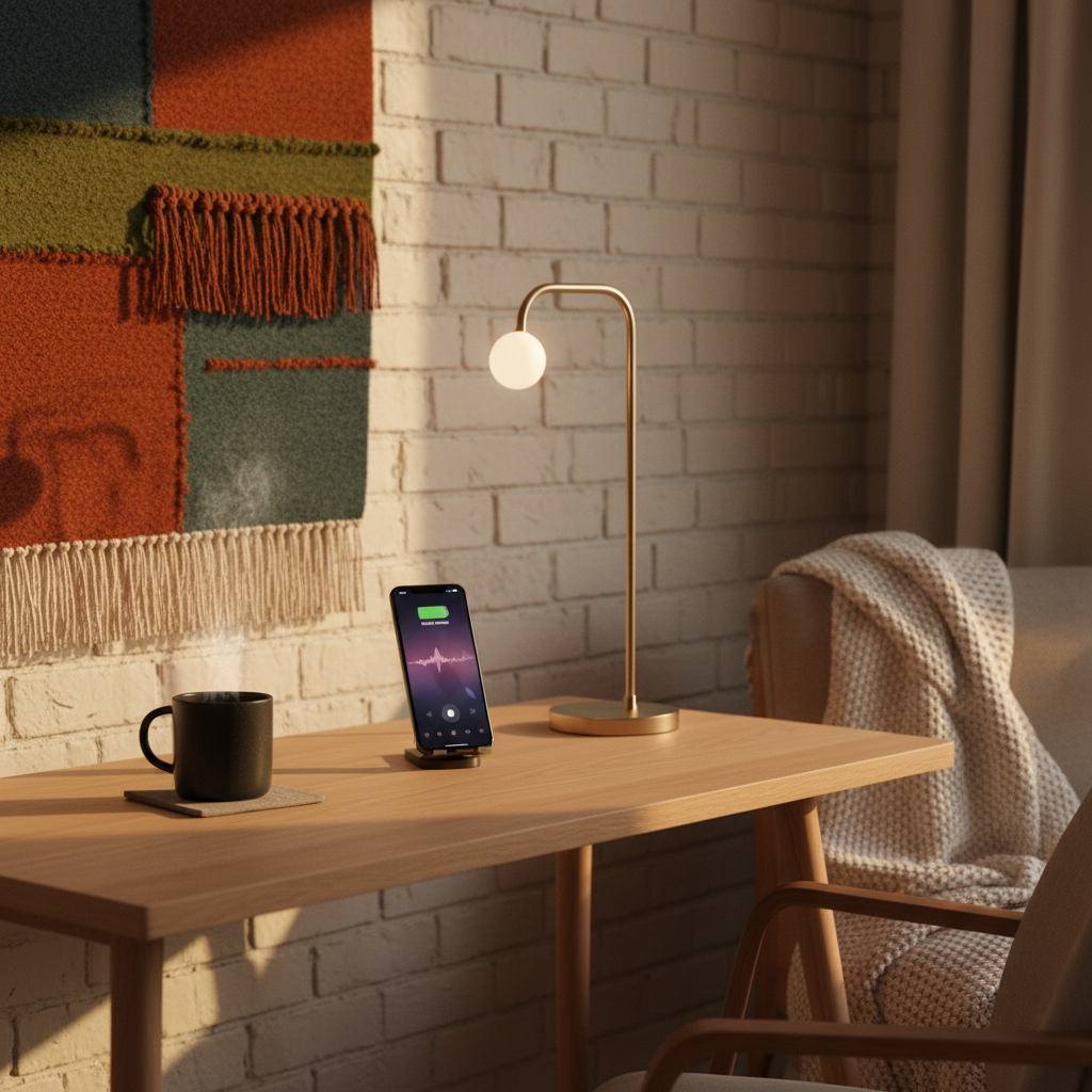 A cozy room with a smartphone displaying a podcast app interface, minimalist desk setup, warm ambient lighting, rich textured background, no text