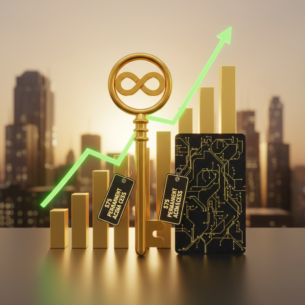 A conceptual image of a golden key or a permanent access card with a 75 dollar tag, set against a background of rising growth charts, sleek 3D rendering, 1:1
