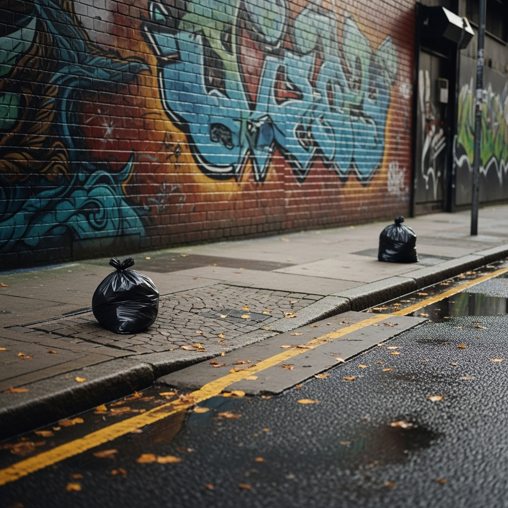 A street scene where small trash bags have been removed, showing the seamless integration of AI-generated fill. The background, including graffiti, looks natural and consistent. Style: lifestyle photography, natural setting. Textured background, minimal empty space. No text.